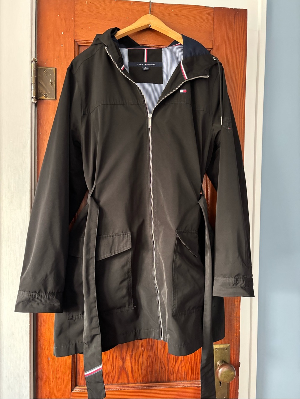 Tommy Hilfiger Black Hooded Belted Raincoat with Navy Accents